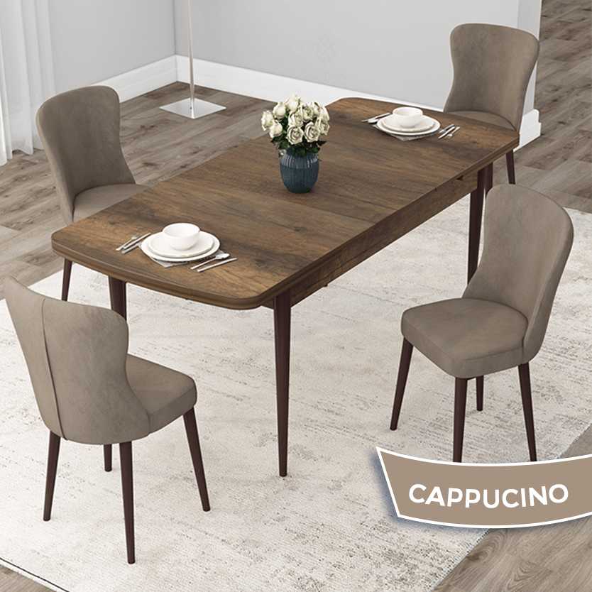 Due Serisi 80x132 Açılabilir Barok Ahşap Desen Masa Takımı Ve 4 Sandalye