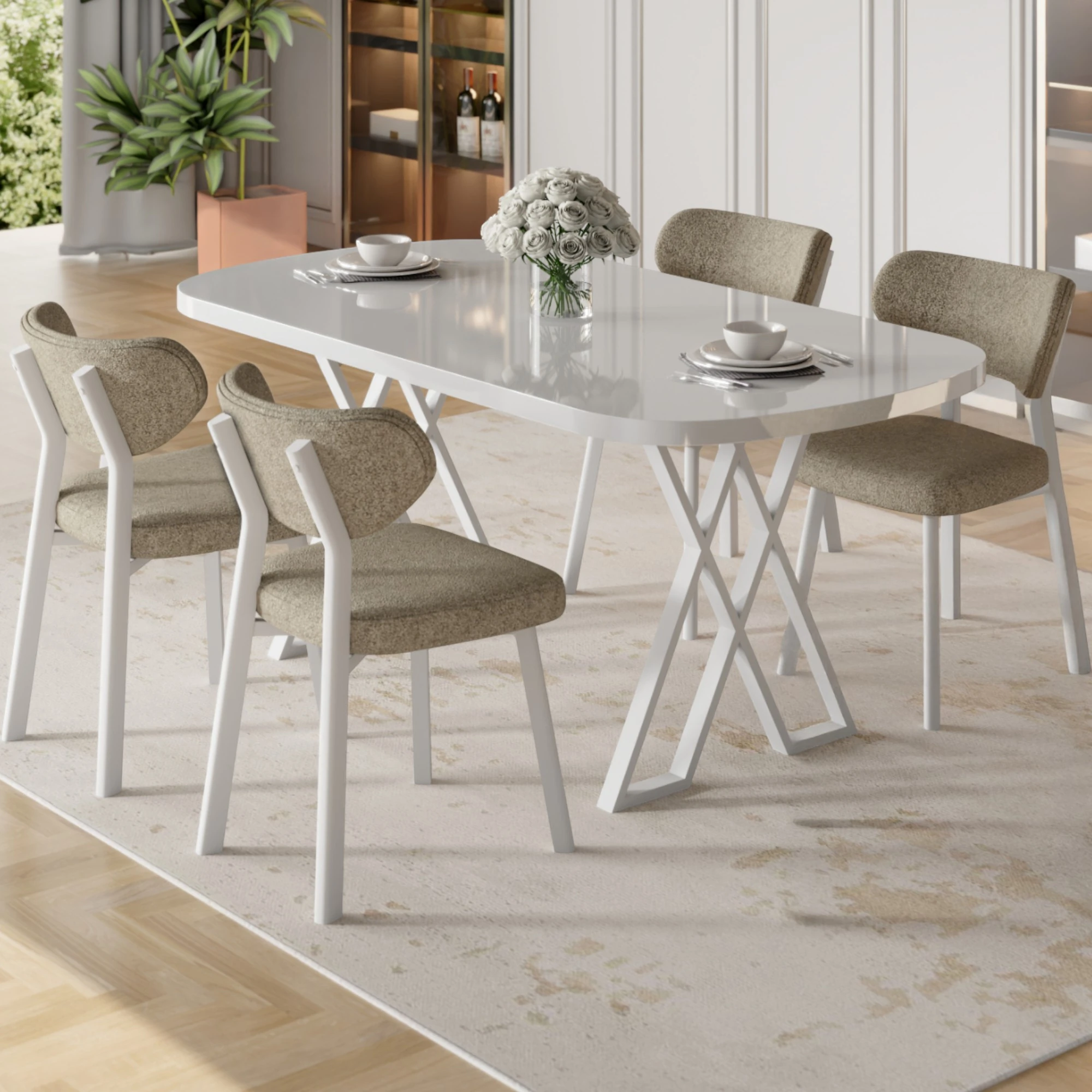 Axton Serisi Sabit Mdf 90x168 Beyaz Mutfak Masa Takımı 4 Sandalye