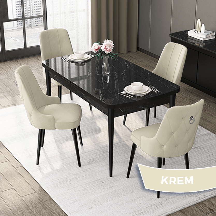 Nex Serisi 80x132 Mdf Açılabilir Gümüş Halka Siyah Mermer Desen Masa Takımı Ve 4 Sandalye