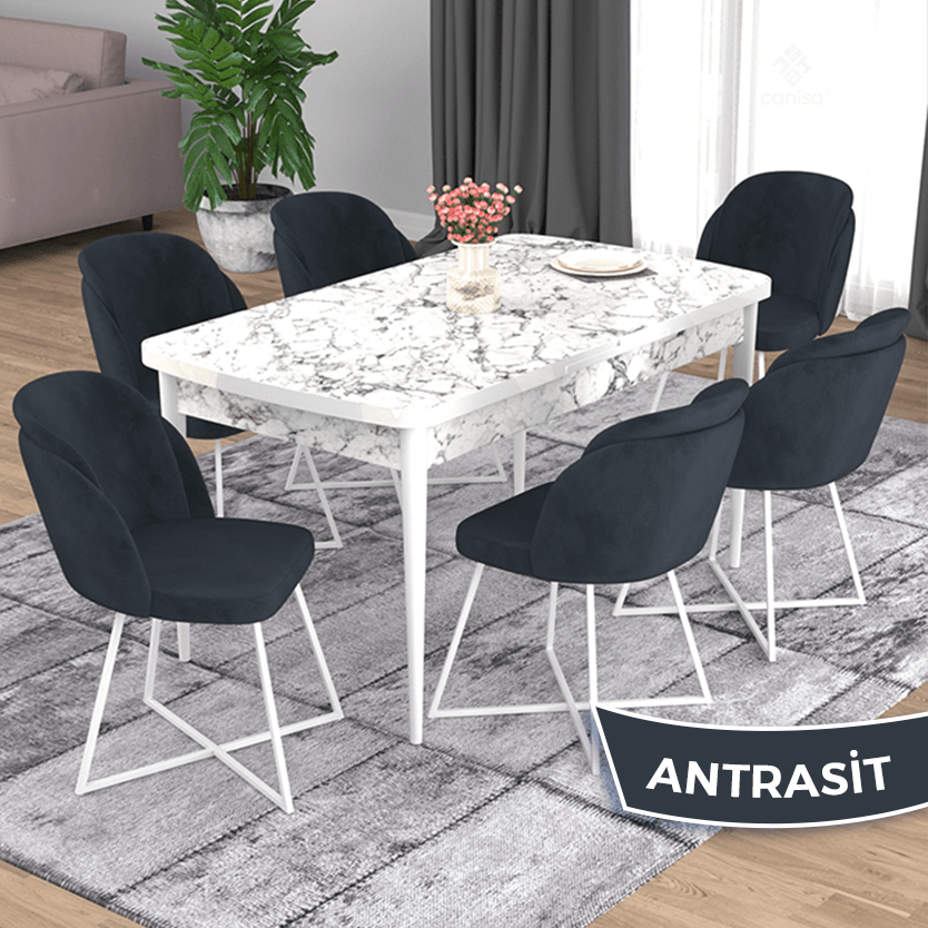 Antrasit Sandalye Beyaz Mermer Desen Masa