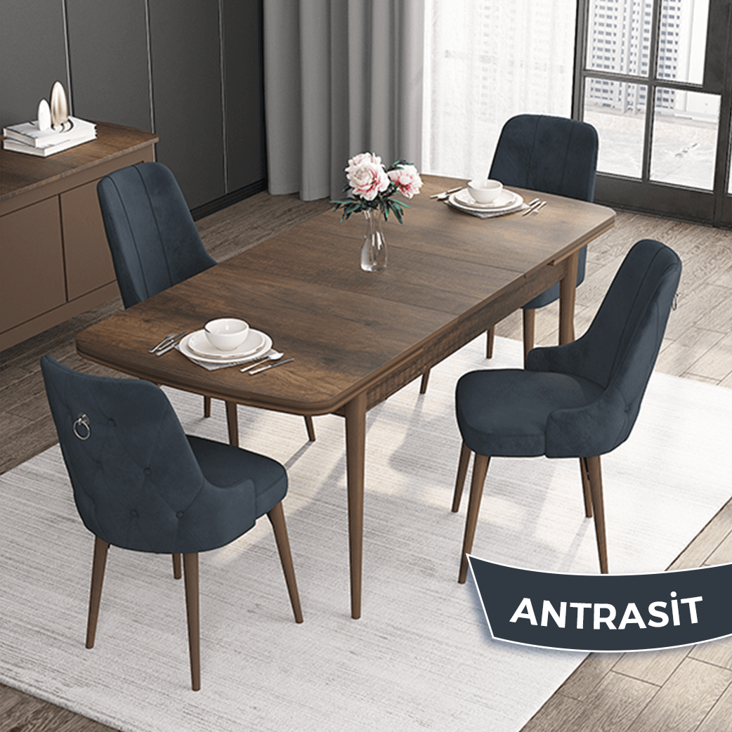Noa Serisi 80x132 Mdf Açılabilir Gümüş Halka Barok Ahşap Desen Masa Takımı Ve 4 Sandalye