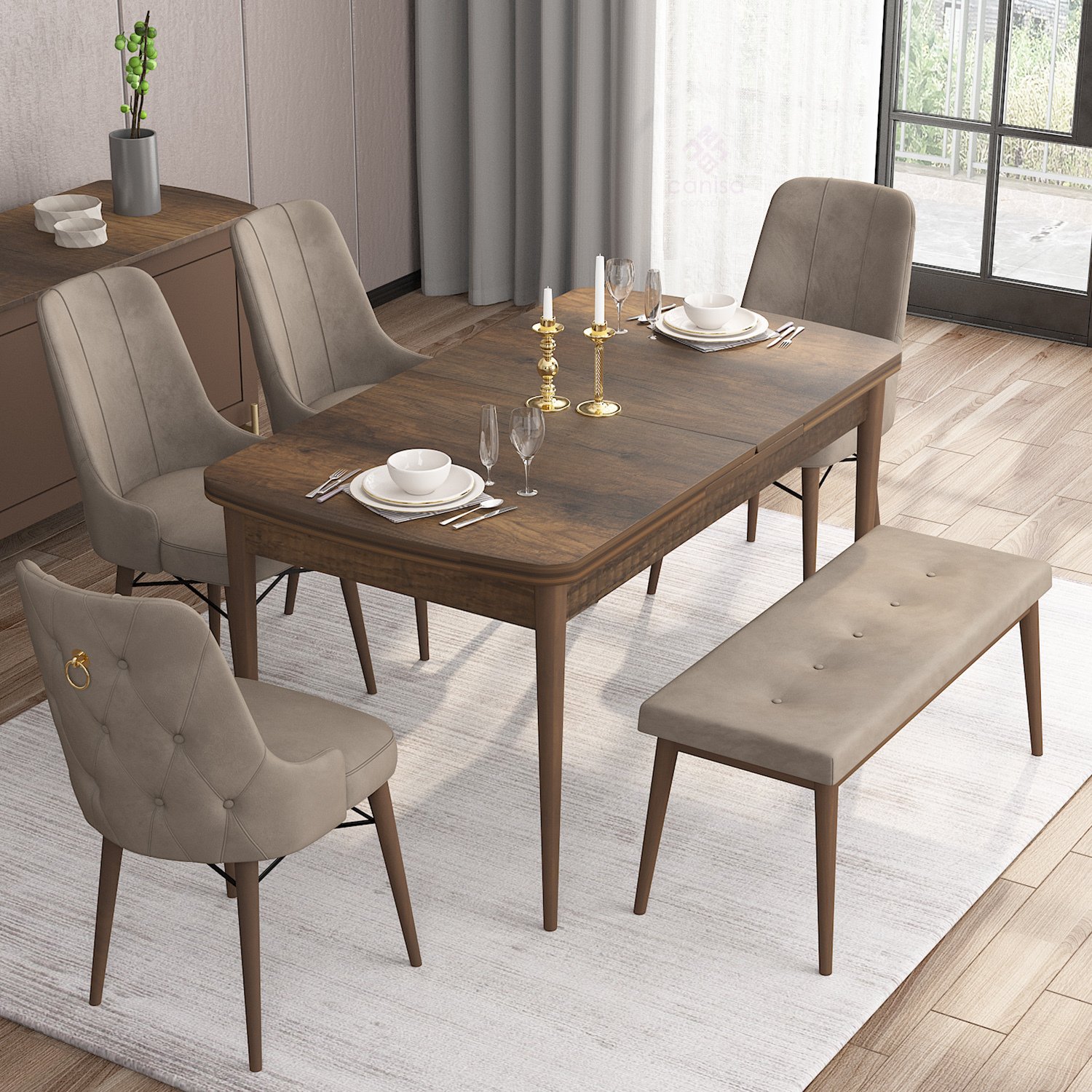 Are Serisi 80x132 Mdf Açılabilir Gold Halka Barok Ahşap Desen Masa Takımı 4 Sandalye Ve 1 Bench