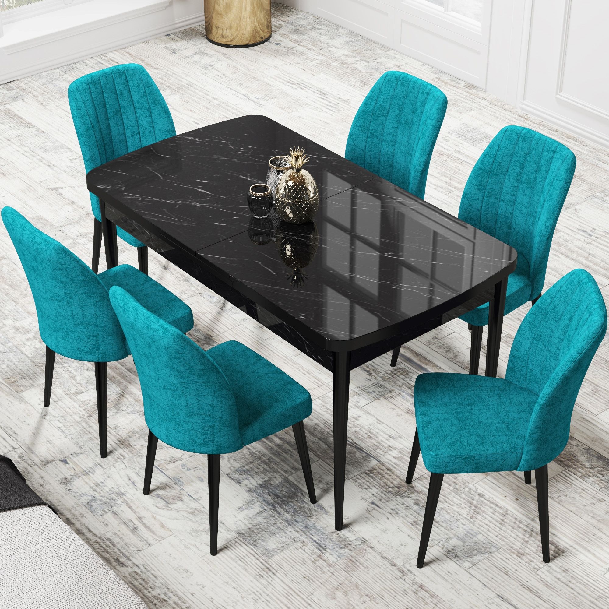 Par Serisi 70x114 Açılabilir Mdf Siyah Mermer Desen Masa Takımı ve 6 Sandalye
