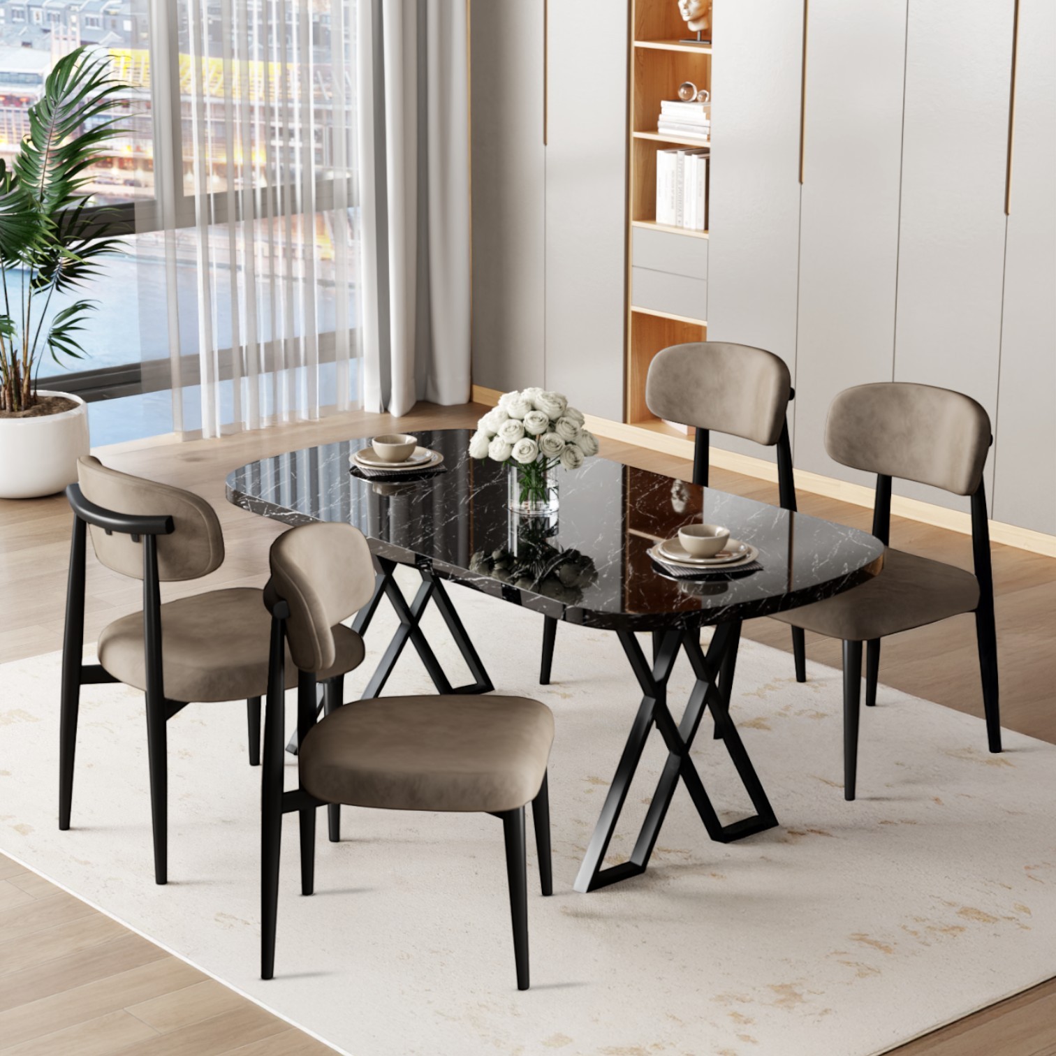 Jolin Serisi Mdf 90x168 Siyah Mermer Desen Masa Takımı 4 Metal Sandalye