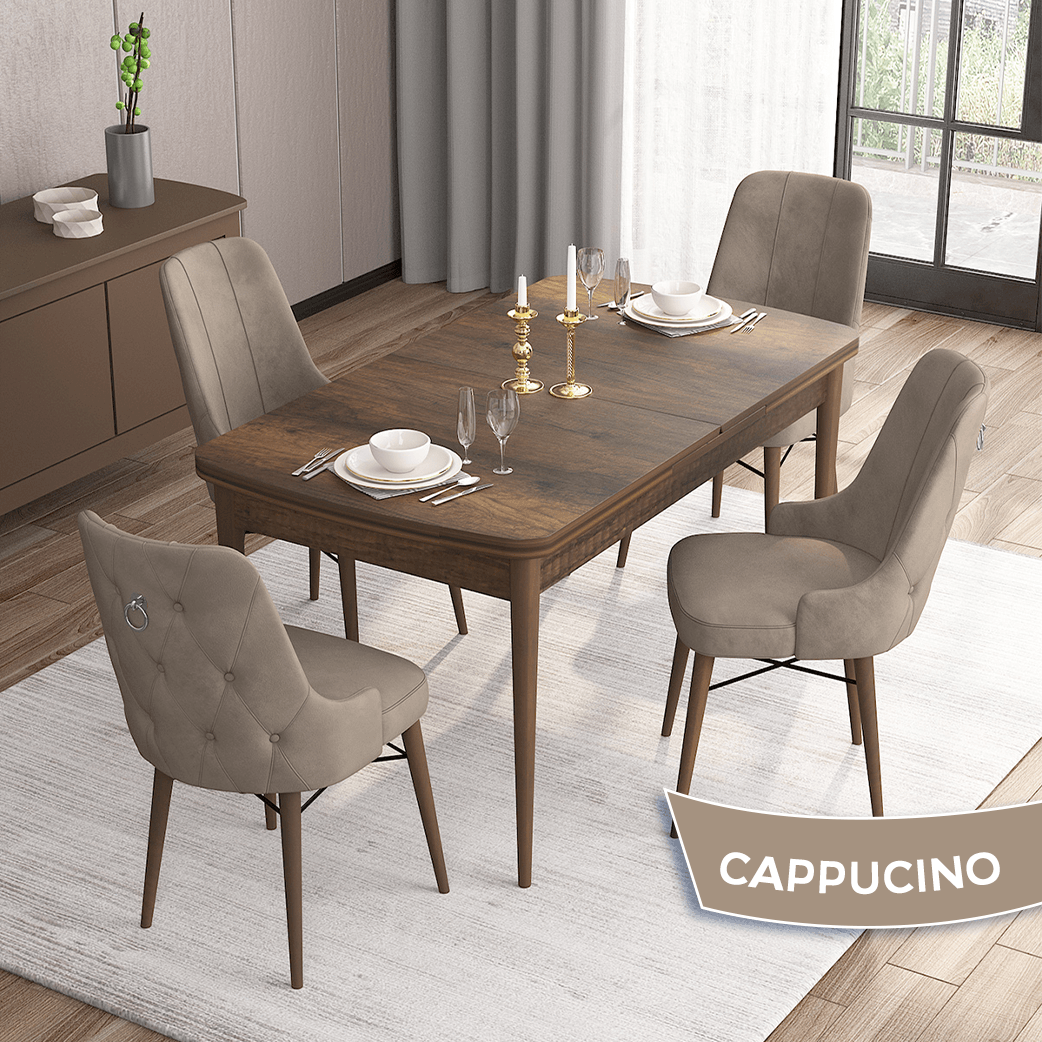 Are Serisi 80x132 Mdf Açılabilir Gümüş Halka Barok Ahşap Desen Masa Takımı Ve 4 Sandalye