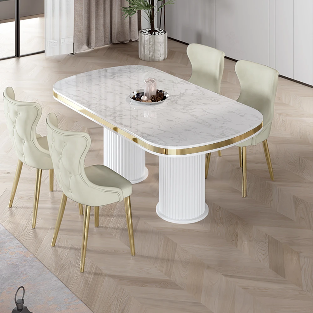 Beyaz Mermer Desen Masa Krem Sandalye