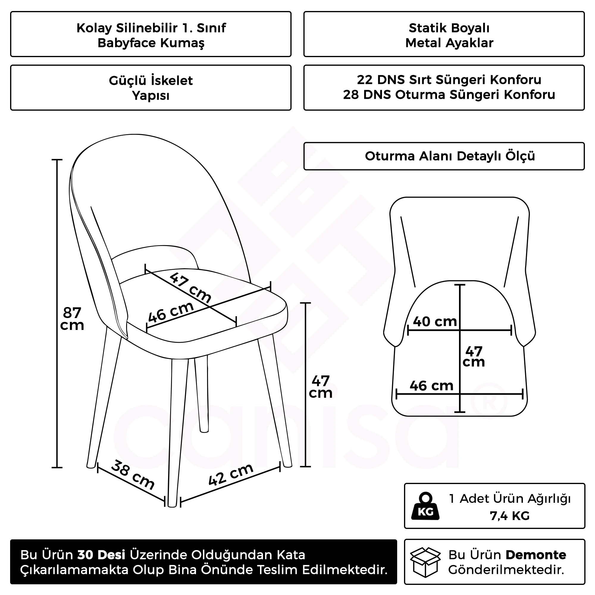 Pane Serisi 2 Adet Mutfak Sandalyesi Babyface Kumaş Beyaz Ayak