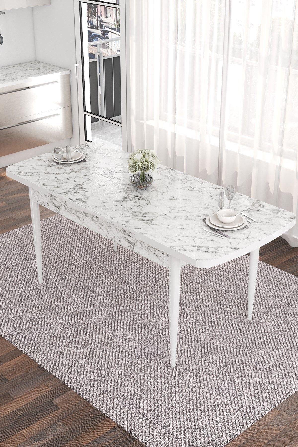 Noa Serisi 80x132 Mdf Açılabilir Gümüş Halka Beyaz Mermer Desen Masa Takımı Ve 4 Sandalye