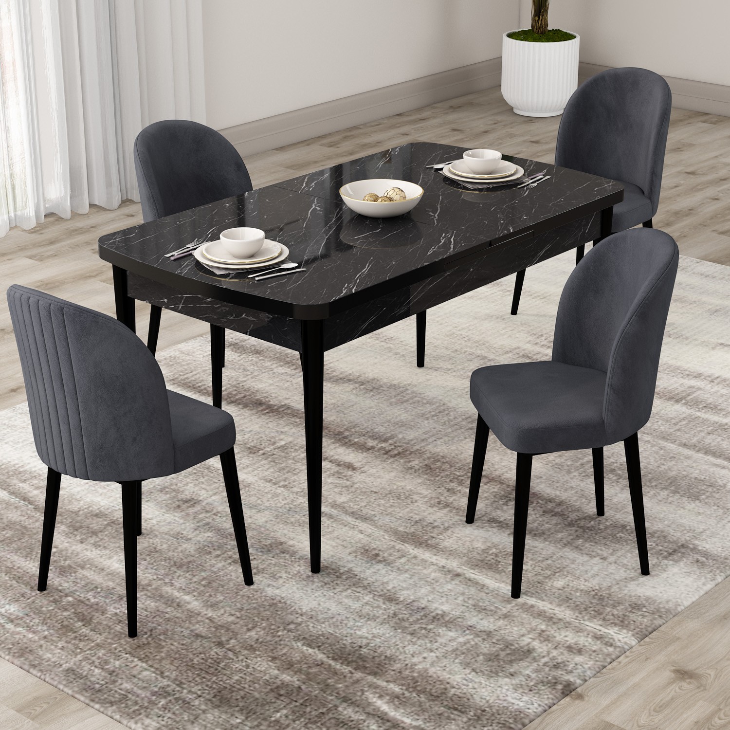 Roe Serisi 80x132 Açılabilir Siyah Mermer Desen Masa Takımı Ve 4 Sandalye