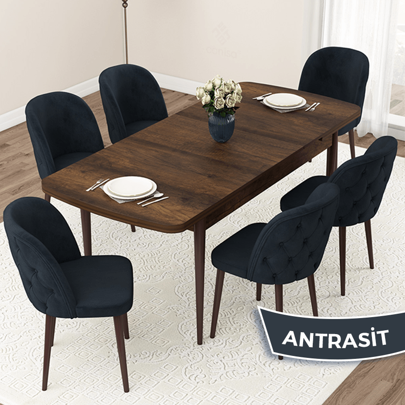 Jae Serisi 80x132 Açılabilir Barok Ahşap Desen Masa Takımı Ve 6 Sandalye