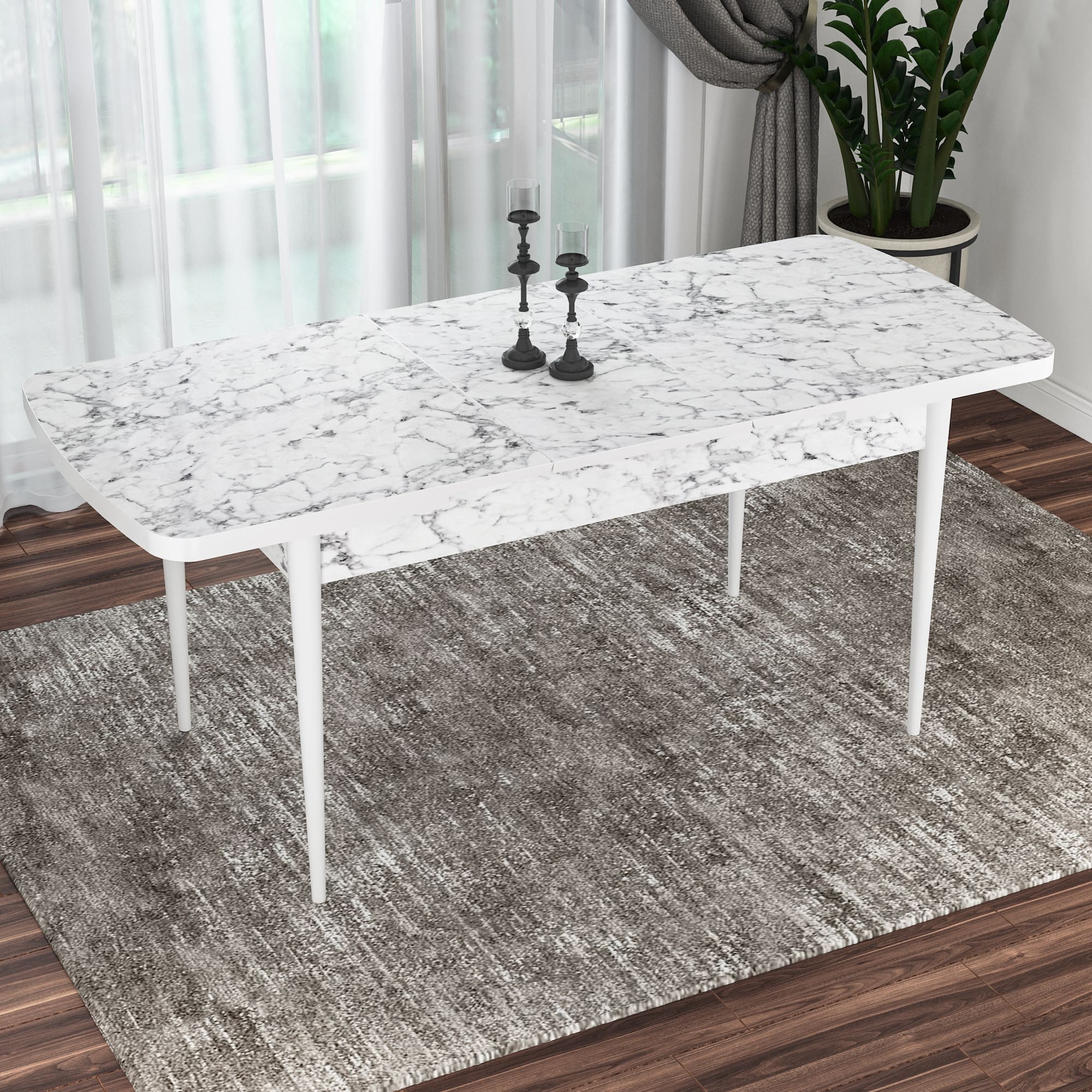 Kor Serisi 70x114 Beyaz Mermer Desen Mutfak Masası Takımı ve 4 Sandalye