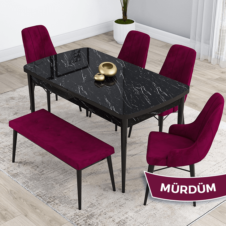 Mürdüm Sandalye Siyah Mermer Desen Masa
