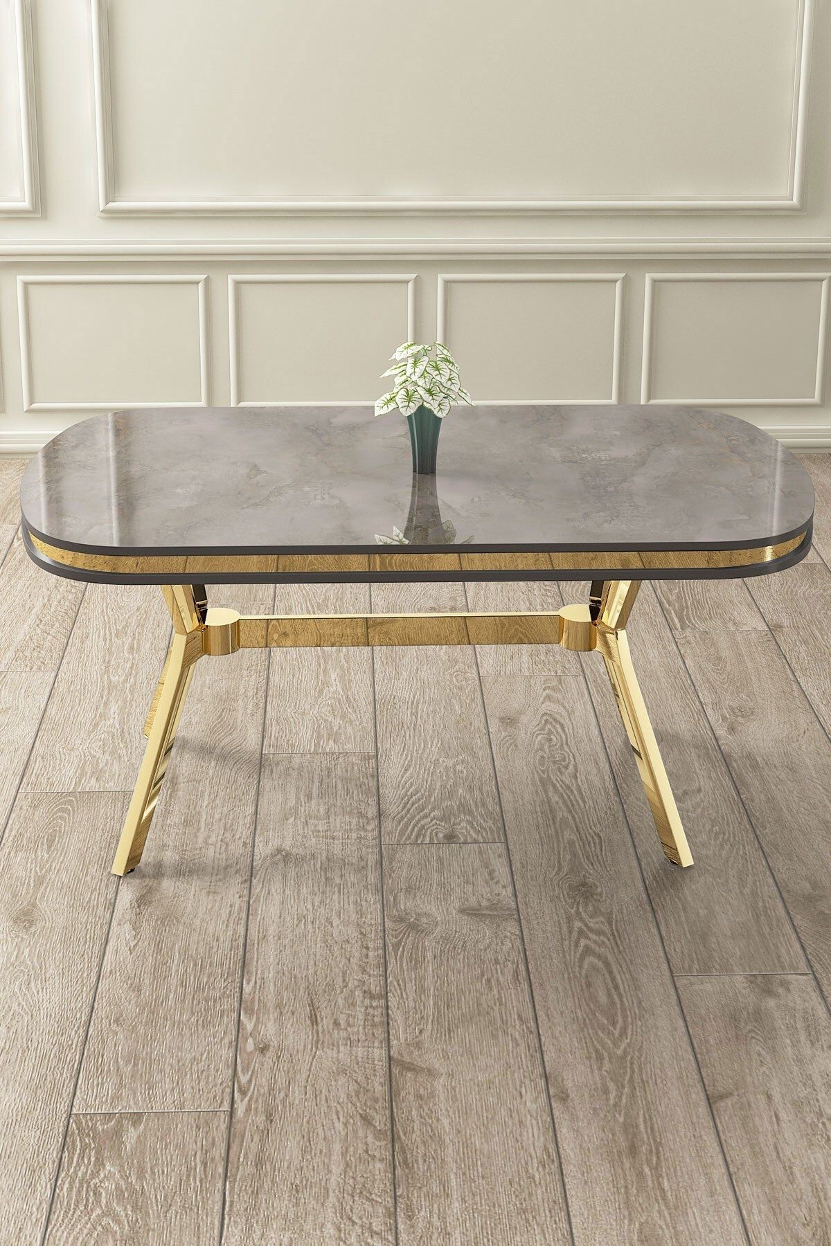 Jita Serisi 90x168 Lak Panel Antrasit İroni Masa ve 6 Sandalye Gold Kaplama Ayak