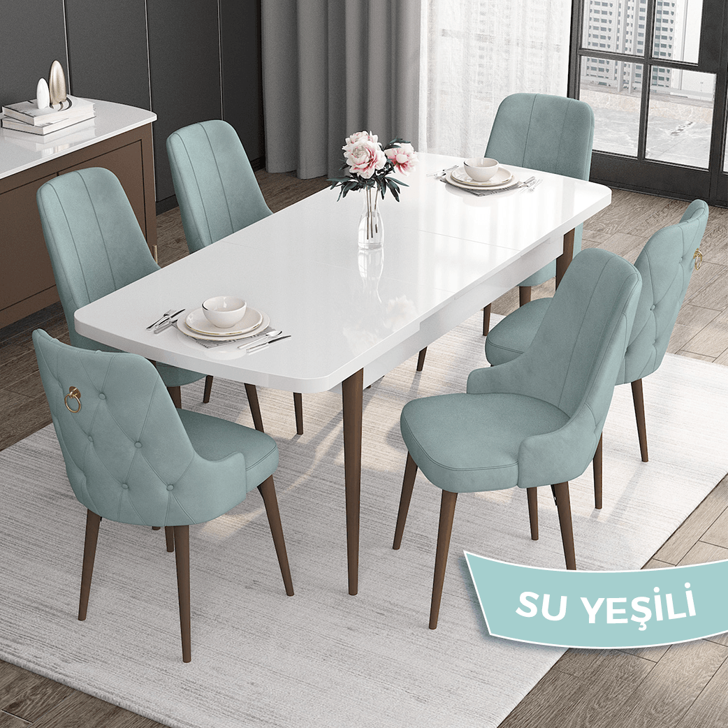 beyaz masa ceviz ayak sandalye su yeşili