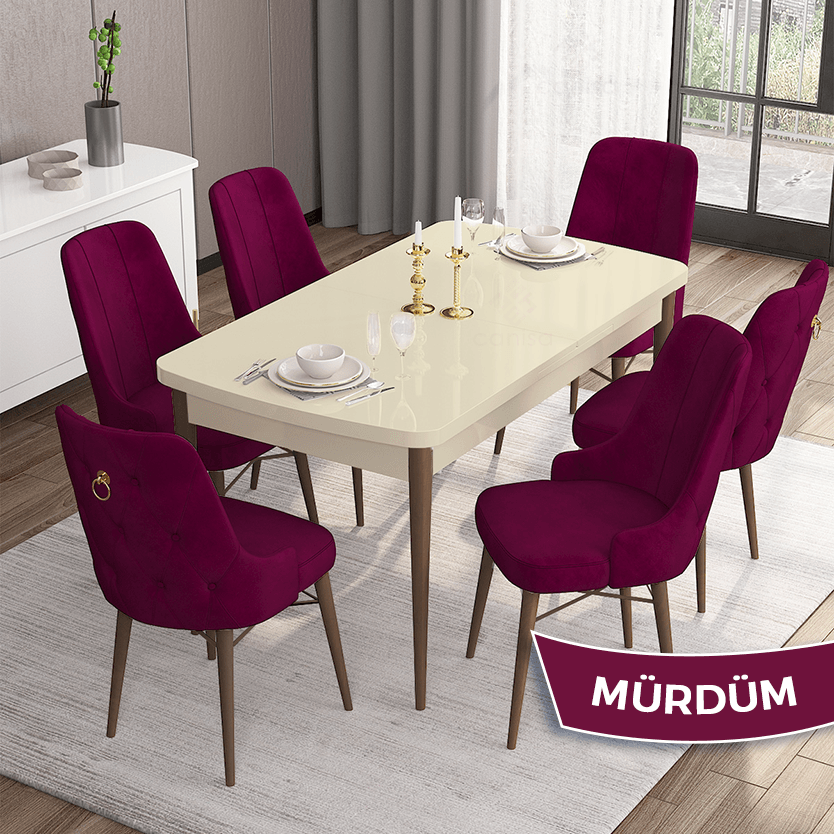 Are Serisi 80x132 Mdf Açılabilir Gold Halka Krem Masa Ceviz Ayak Masa Takımı Ve 6 Sandalye
