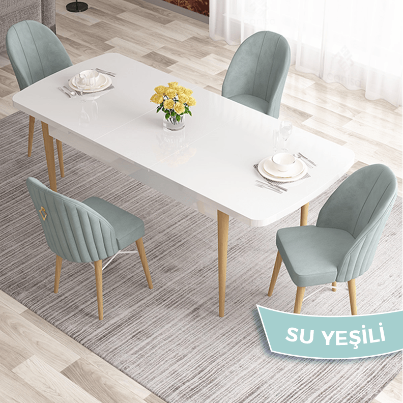 Elf Serisi 80x132 Açılabilir Beyaz Masa Doğal Ahşap Ayak Masa Takımı ve 4 Sandalye