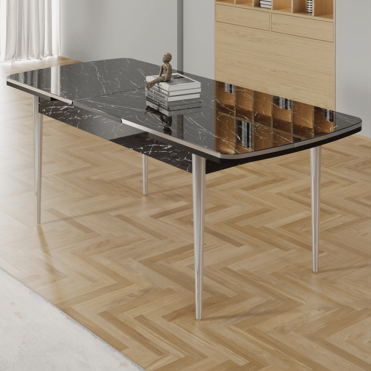 Rada Serisi 80x132 Açılabilir Lak Panel Siyah Mermer Desen Masa 4 Sandalye Krom Detay
