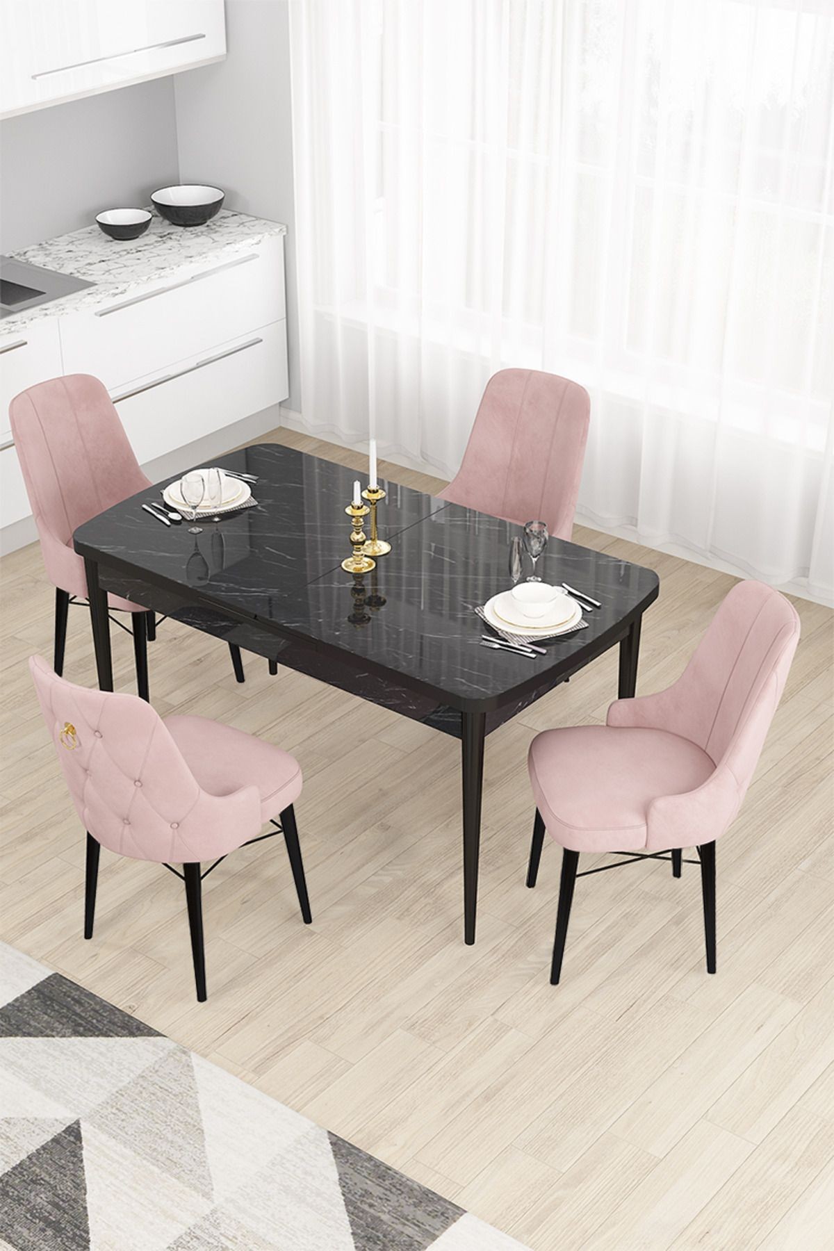 Pembe Sandalye Siyah Mermer Desen Masa