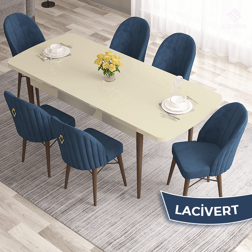 masa krem ayaklar ceviz sandalye lacivert
