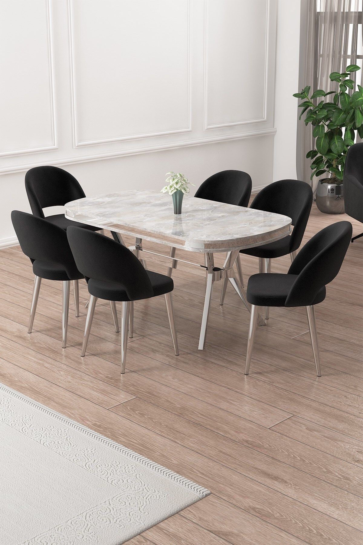Jita Serisi 90x168 Lak Panel Rampla Gri Masa ve 6 Sandalye Krom Kaplama Ayak
