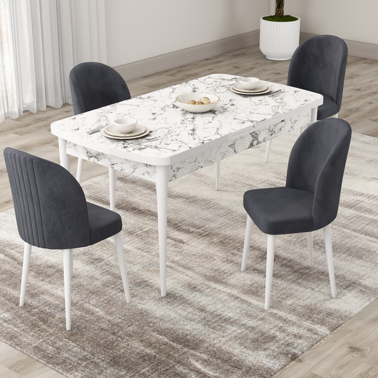 Roe Serisi 80x132 Açılabilir Beyaz Mermer Desen Masa Takımı Ve 4 Sandalye