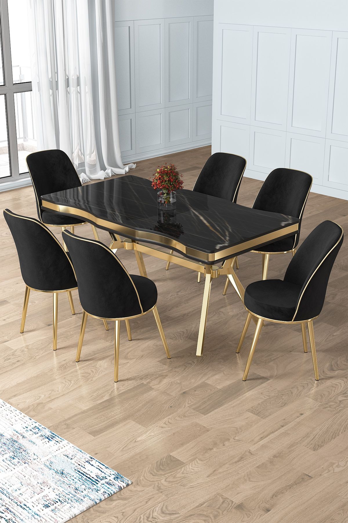 Prah Serisi 90x160 Lak Panel Sonata Masa ve 6 Sandalye Gold Kaplama Ayak