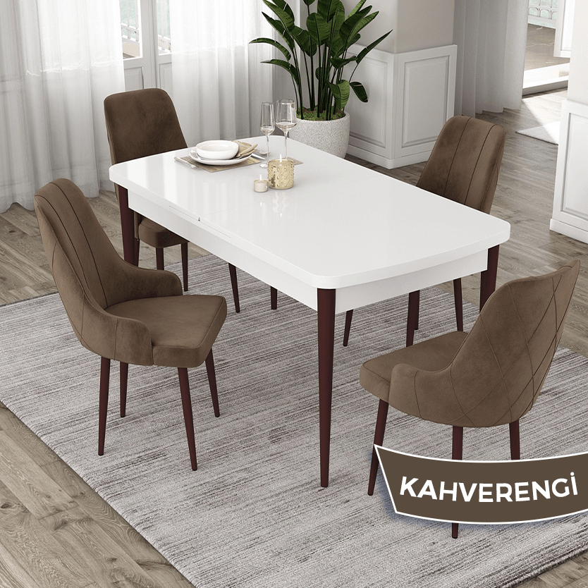 Eta Serisi 80x132 Beyaz Masa Ceviz Ayaklı Masa Takımı ve 4 Sandalye - Beyaz Masa Ceviz Ayak Kahve Sandalye