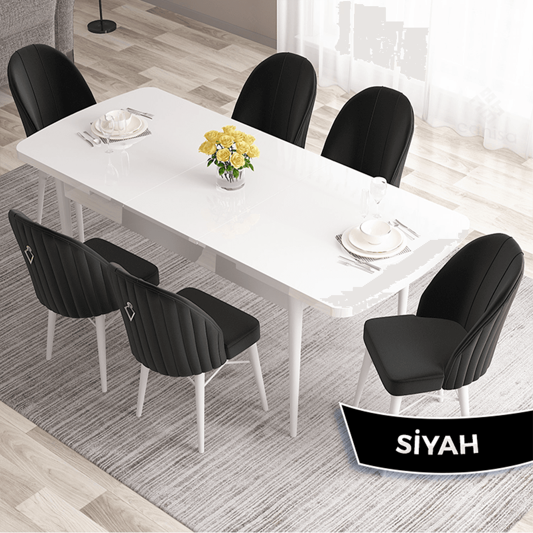 Roz Serisi 80x132 Açılabilir Mdf Gümüş Halka Beyaz Masa Takımı Ve 6 Sandalye