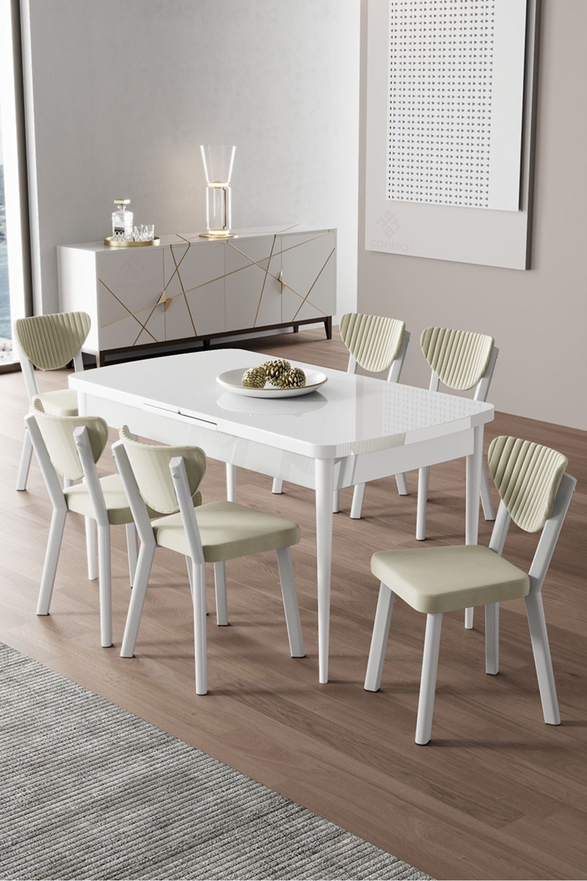 Exve Serisi 80x132 Açılabilir Beyaz Masa Takımı ve 6 Sandalye