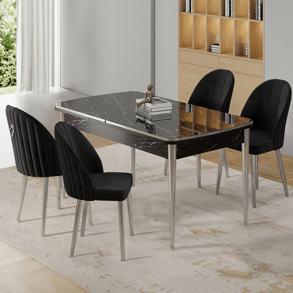 Rada Serisi 80x132 Açılabilir Lak Panel Siyah Mermer Desen Masa 4 Sandalye Krom Detay