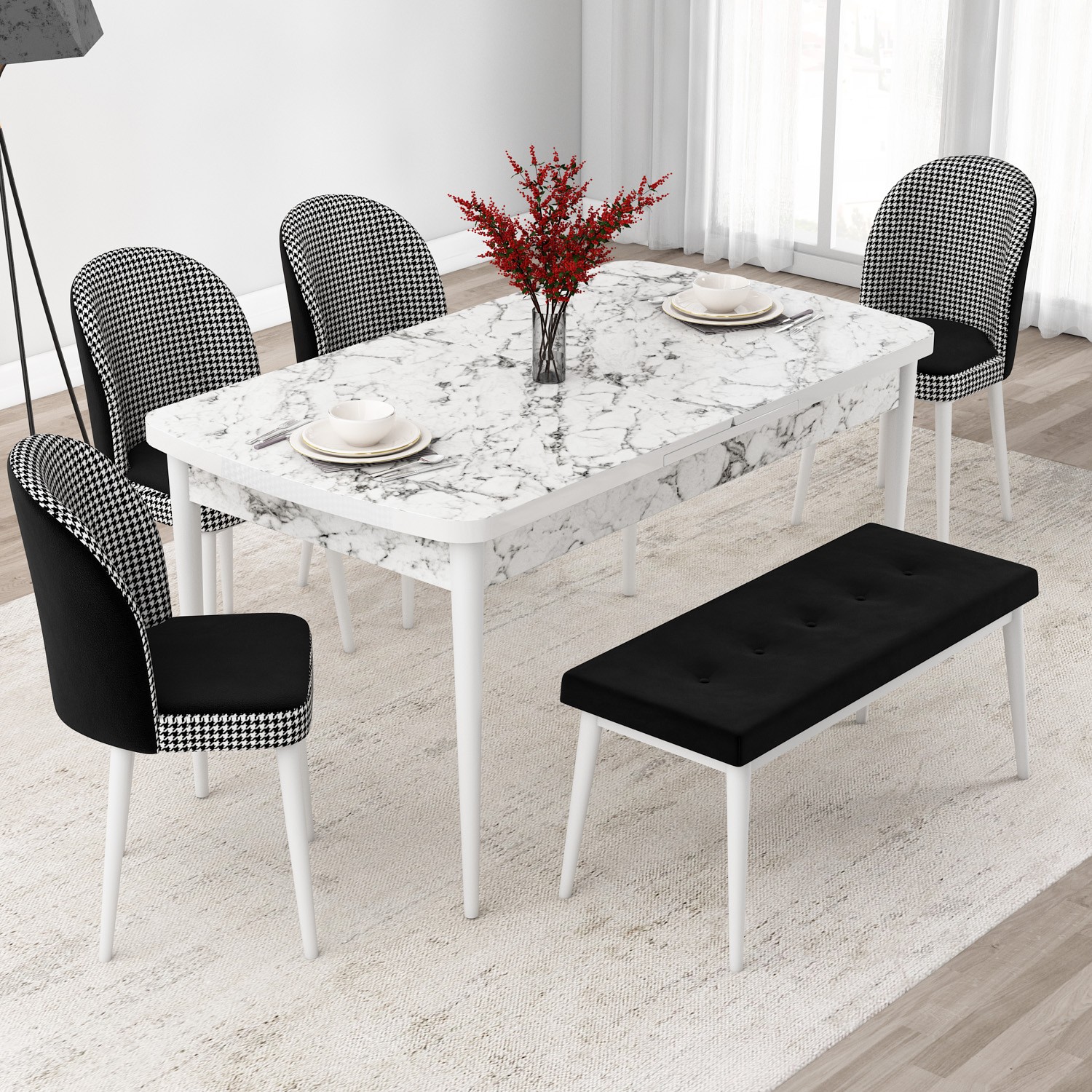 Jul Serisi 80x132 Açılabilir Beyaz Mermer Desen Mutfak Masası Takımı 4 Sandalye Ve 1 Bench