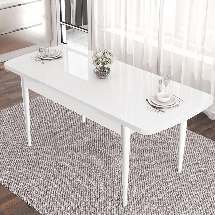 Nex Serisi 80x132 Mdf Açılabilir Gümüş Halka Beyaz Masa Takımı Ve 6 Sandalye