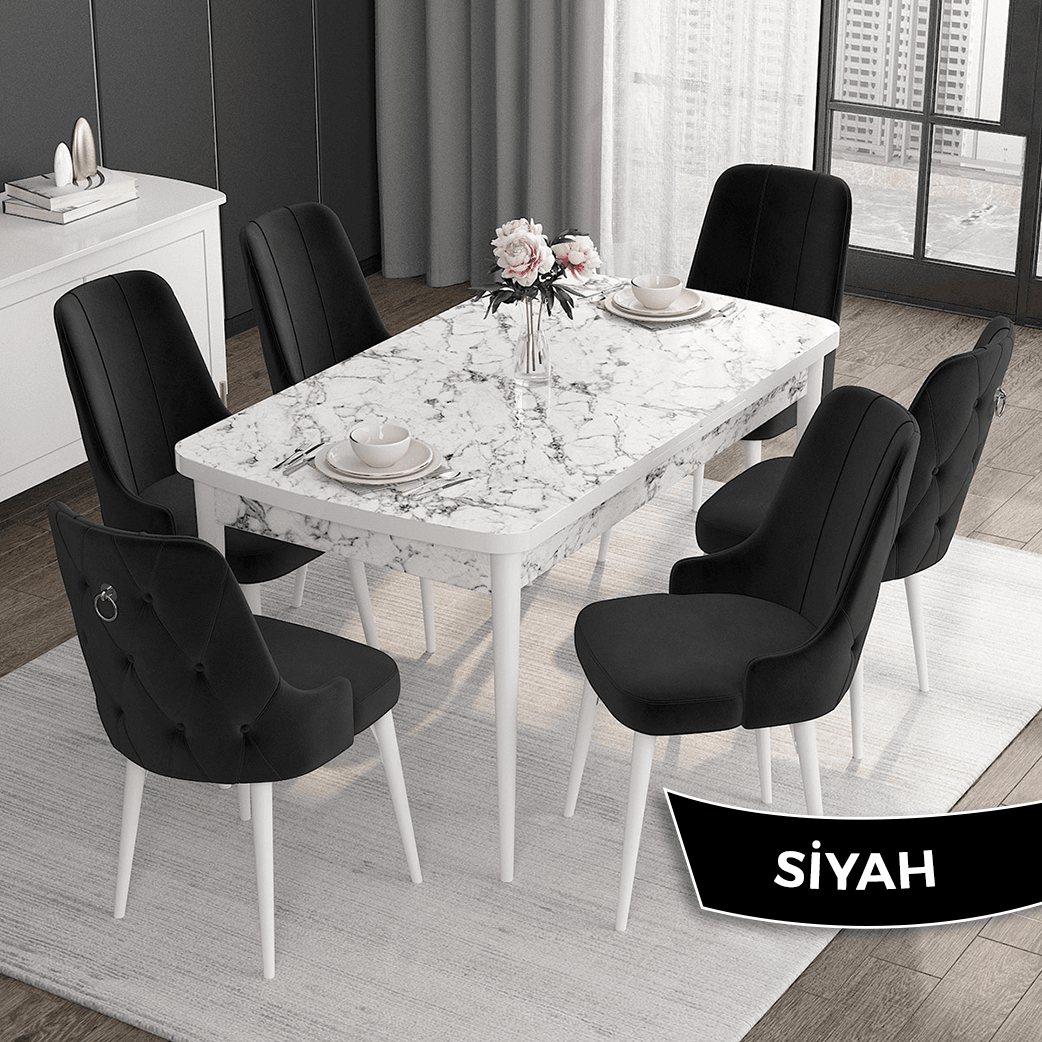 masa beyaz mermer desen sandalye siyah