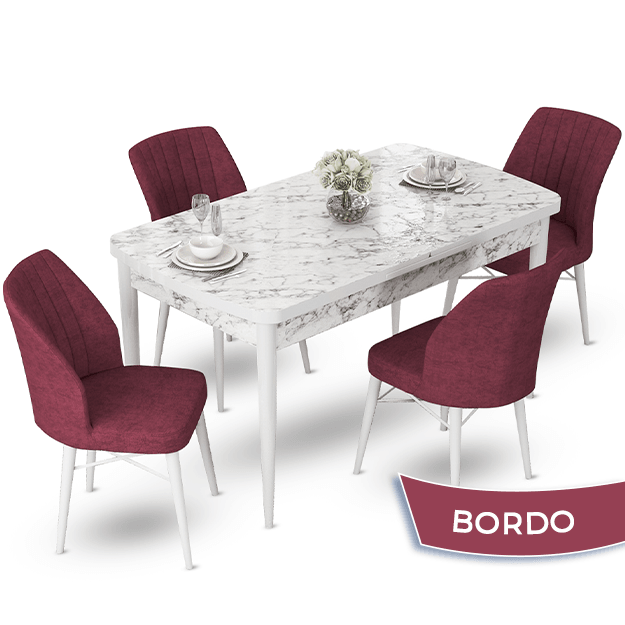 masa beyaz sandalyeler bordo
