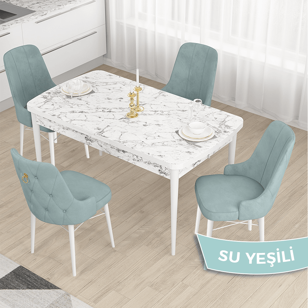 Taç Serisi 80x132 Açılabilir Gold Halka Beyaz Mermer Desen Masa Takımı ve 4 Sandalye