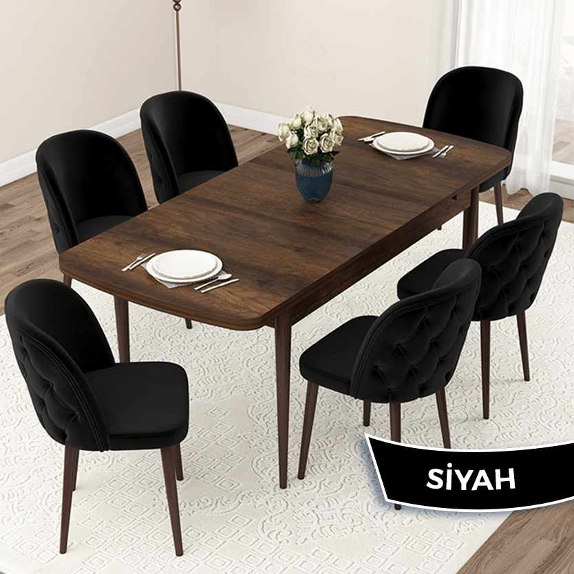 Siyah Sandalye Barok Ahşap Desen Masa