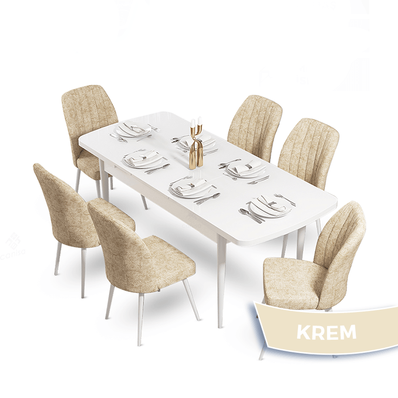Mun Serisi 80x132 Açılabilir Mdf Beyaz Masa Takımı Ve 6 Sandalye