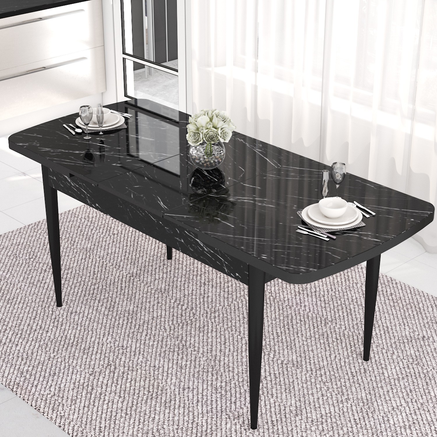Eva Serisi 80x132 Açılabilir Mdf Siyah Mermer Desen Masa Takımı 4 Sandalye Ve 1 Bench