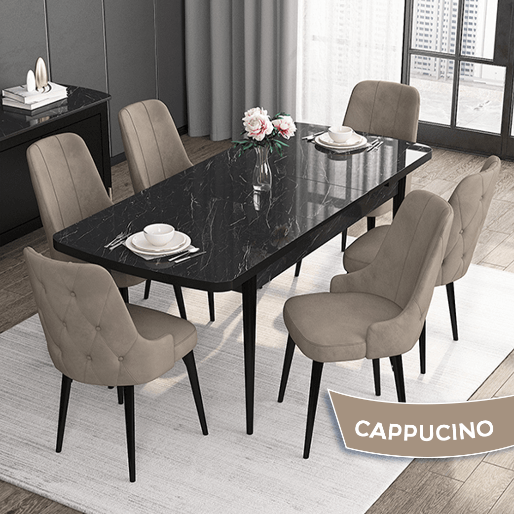 Roy Serisi 80x132 Mdf Açılabilir Siyah Mermer Desen Masa Takımı Ve 6 Sandalye