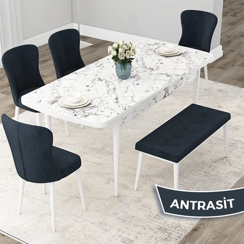 Due Serisi 80x132 Açılabilir Beyaz Mermer Desen Masa Takımı 4 Sandalye Ve 1 Bench