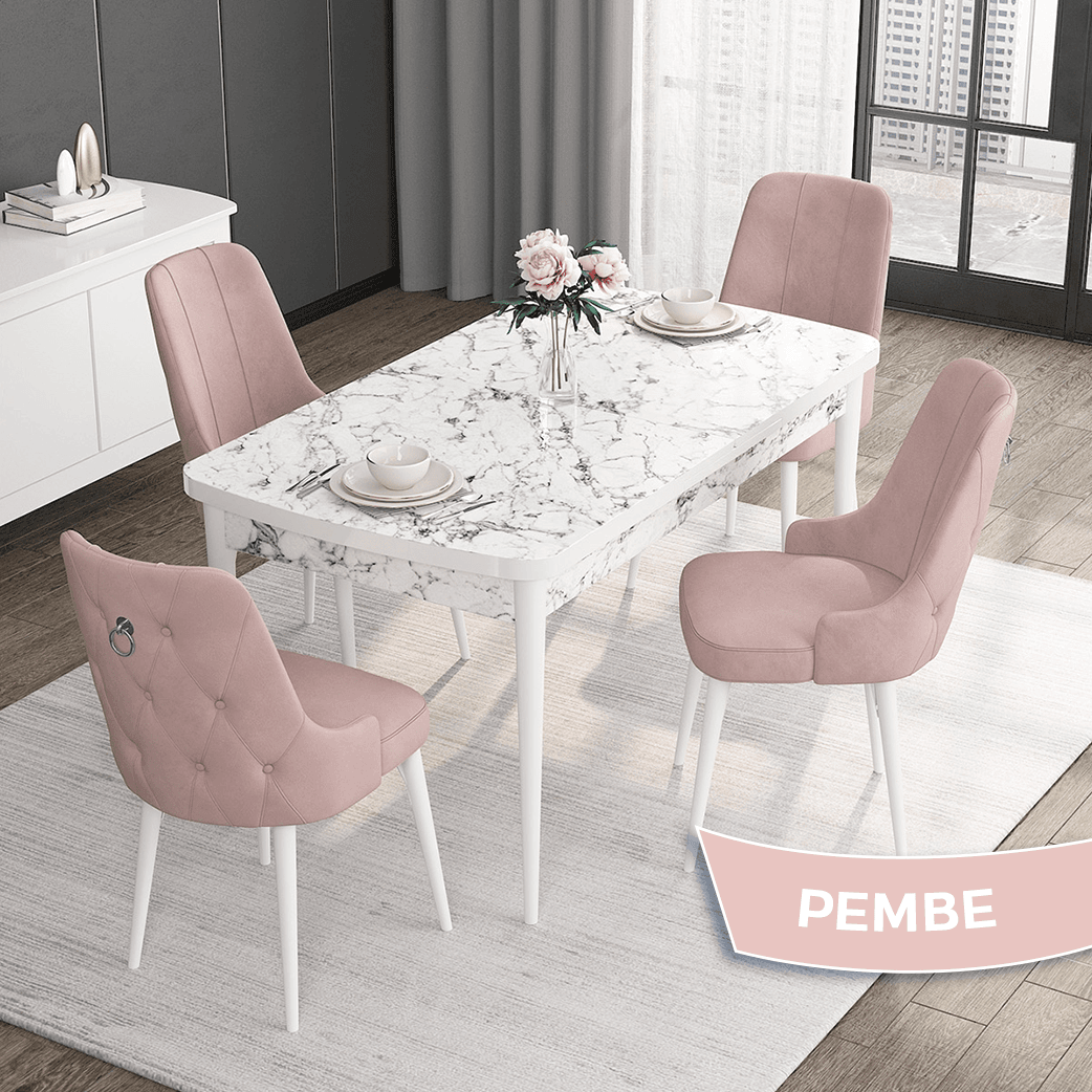 Pembe Sandalye beyaz Mermer Desen Masaa