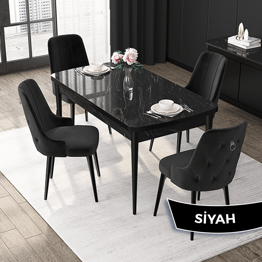 Siyah Sandalye Siyah Mermer Desen Masa