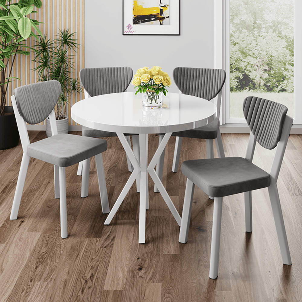 Agnes Serisi 90x90 Yuvarlak Beyaz Masa Takımı ve 4 Sandalye