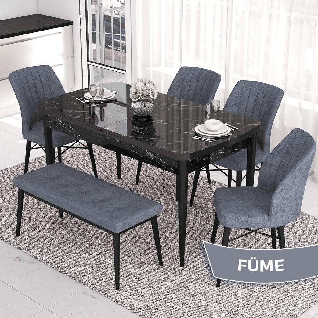 masa siyah mermer desen sandalyeler ve bench füme