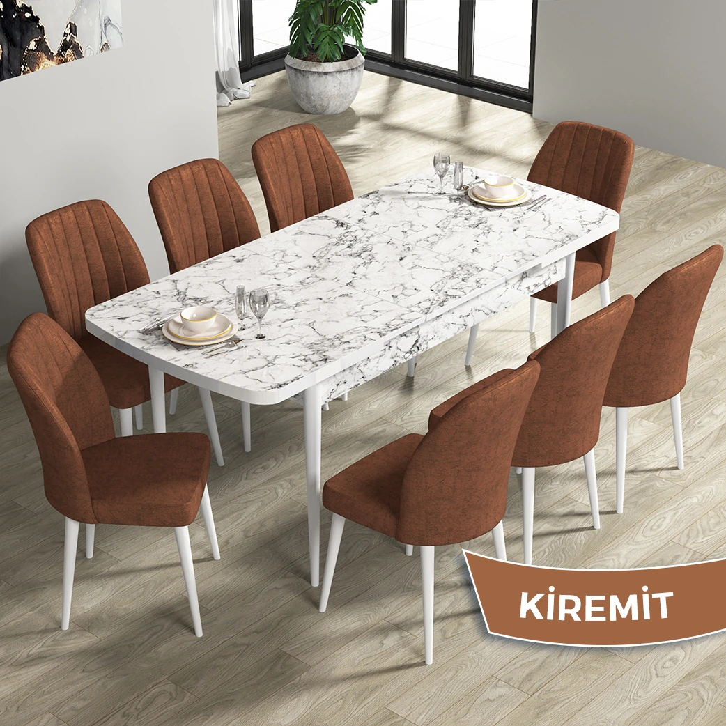 Beyaz Mermer Desen Masa Kiremit Renk Sandalye