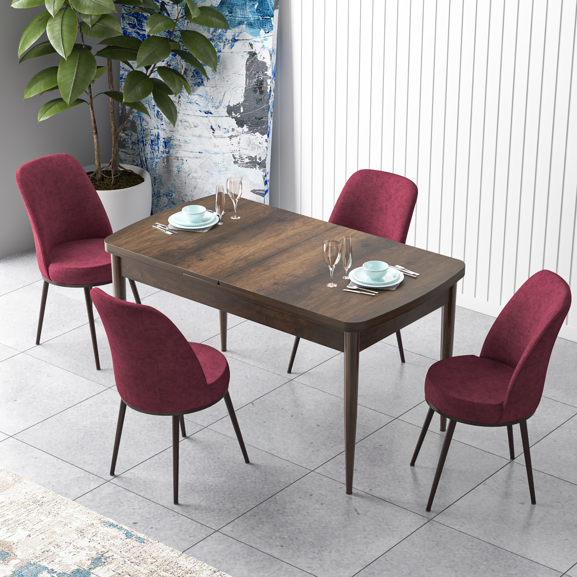 Barok Ahşap Desen Masa Bordo Sandalye