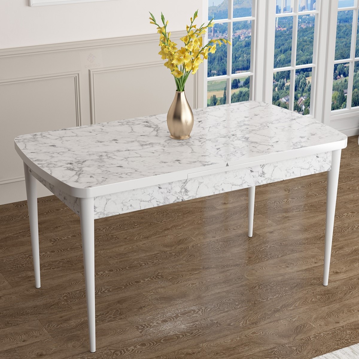 Han Serisi 70x114 Açılabilir Mdf Beyaz Mermer Desen Mutfak Masası Takımı ve 6 Sandalye
