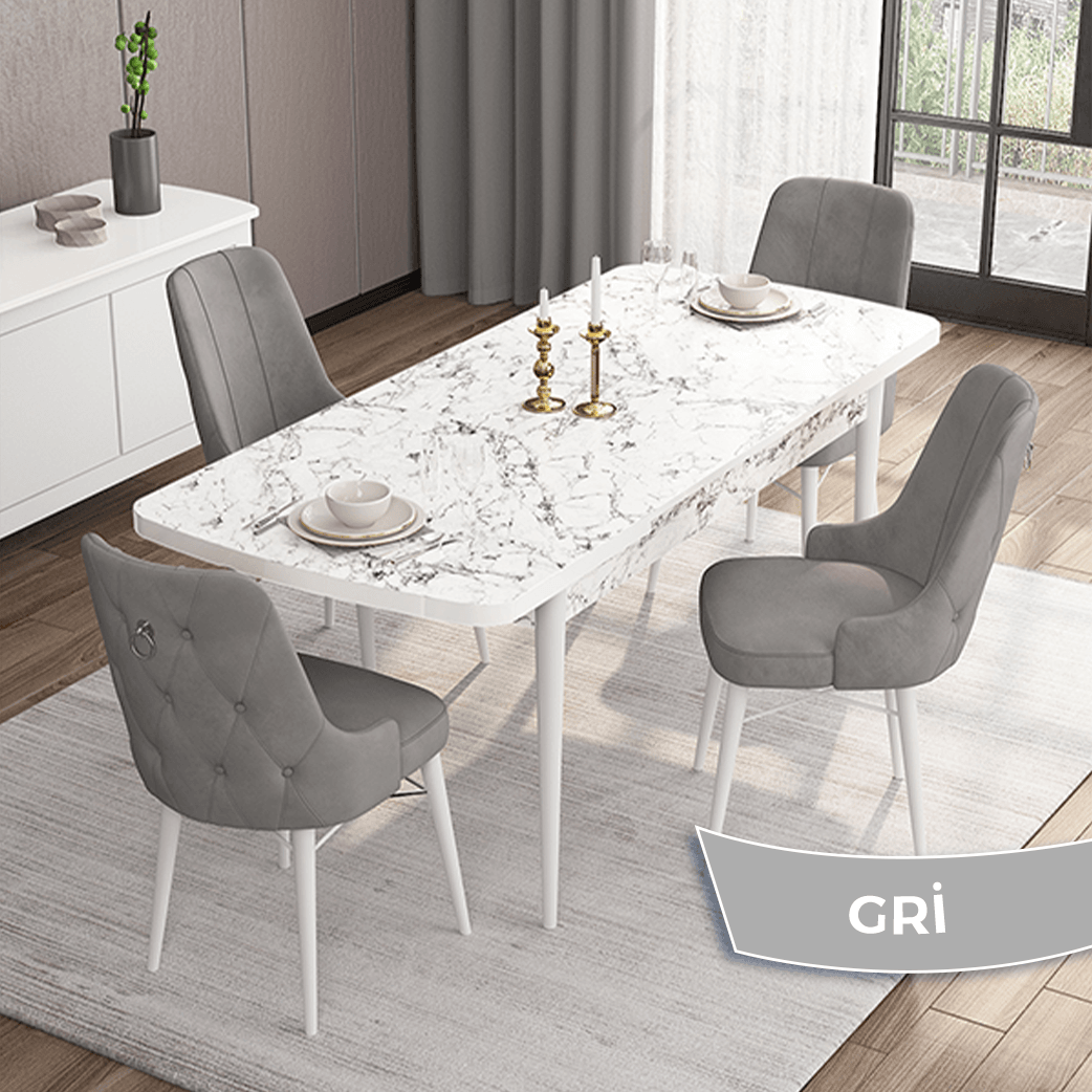 Gri Sandalye Beyaz Mermer Desen Masa