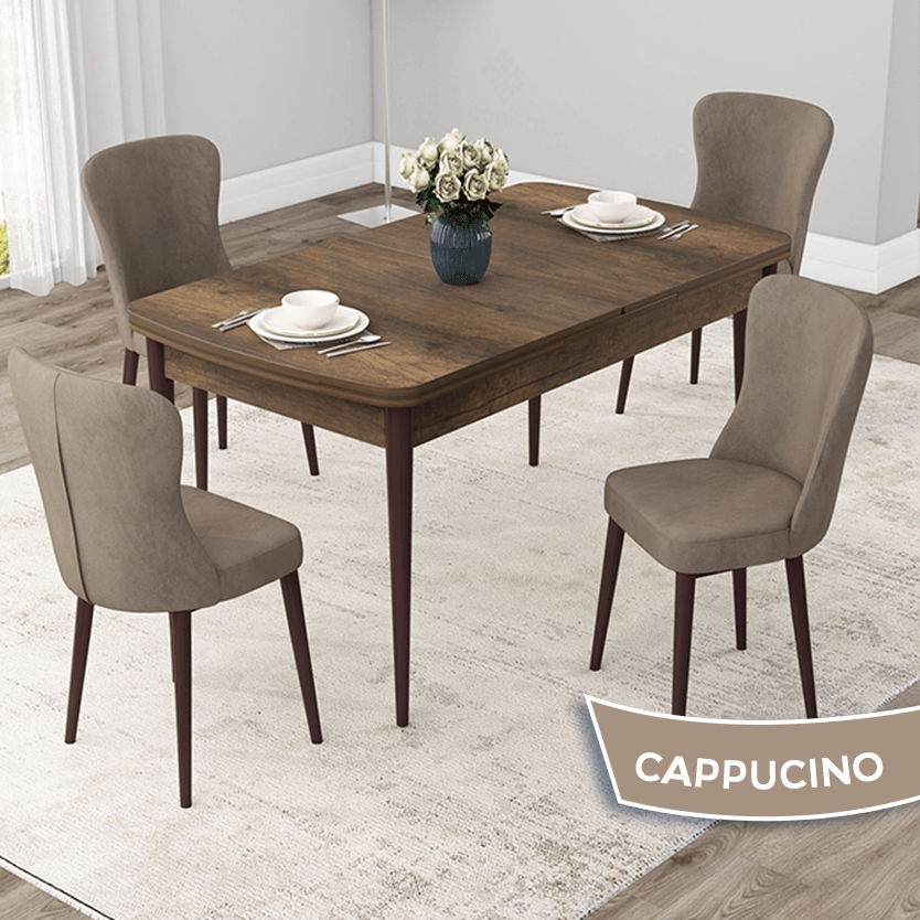 Due Serisi 80x132 Açılabilir Barok Ahşap Desen Masa Takımı Ve 4 Sandalye