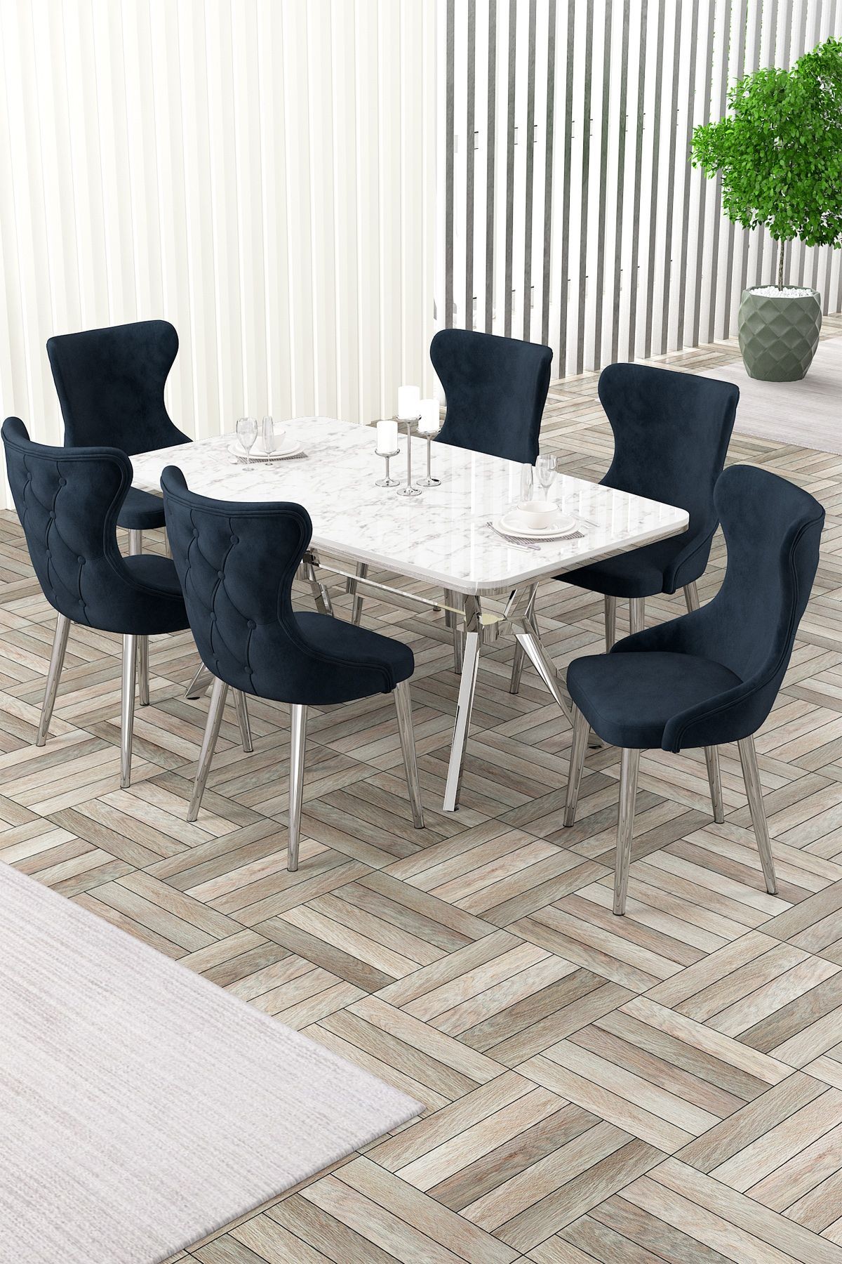 Esla Serisi 90x160 Lak Panel Beyaz Mermer Desen Masa ve 6 Sandalye Krom Kaplama Ayak